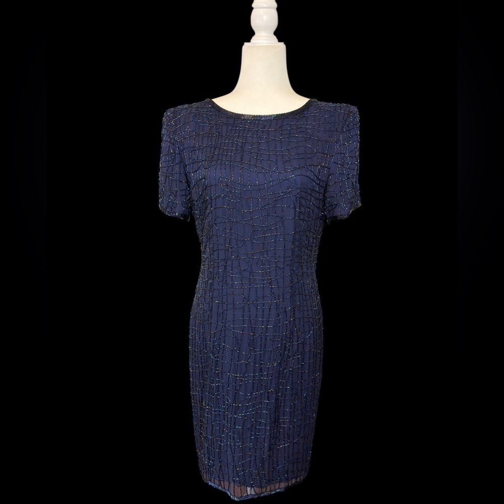 Vintage AJ Bari 100% Silk Beaded Cocktail Dress Royal Blue Sheath Short Sleeve